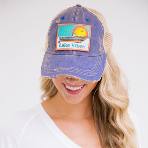 Judith March Denim Blue Distressed Lake Vibes Trucker Hat - Picture 1 of 8